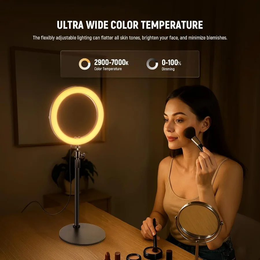 Anello luminoso a LED da 10" 20W con supporto da scrivania regolabile e supporto per telefono per iPhone e laptop Temperatura doppio colore 2900K7000