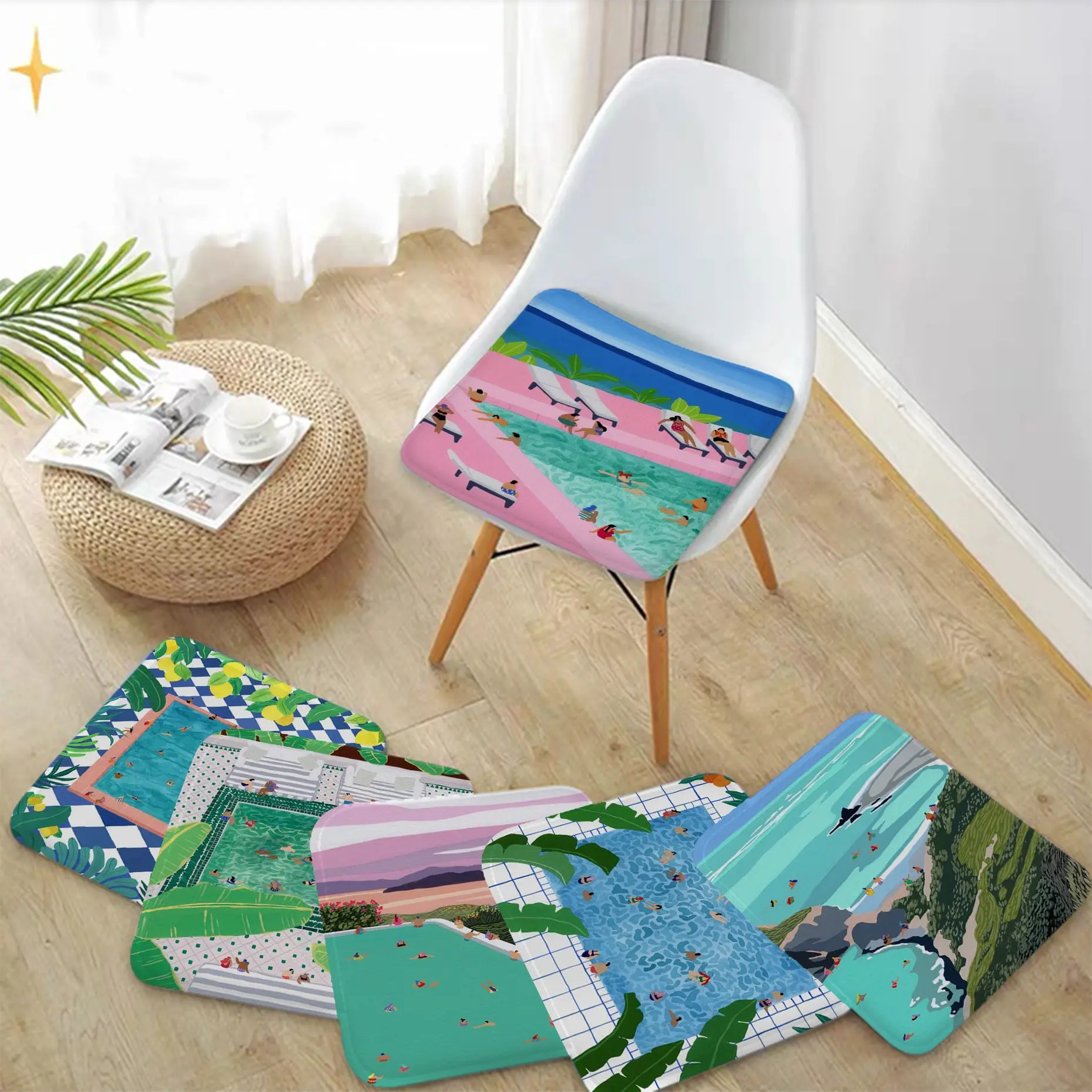 

Scandinavian Pink Coastal Poster Summer Pool Party Beach Swimming Tie Rope Meditation Dining Chair Seat Cushion Anti-Slip Sofa