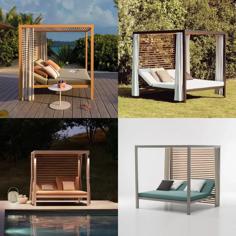 Outdoor Sofa Bed Courtyard Furniture Double Sunbed with Canopy and Curtain
