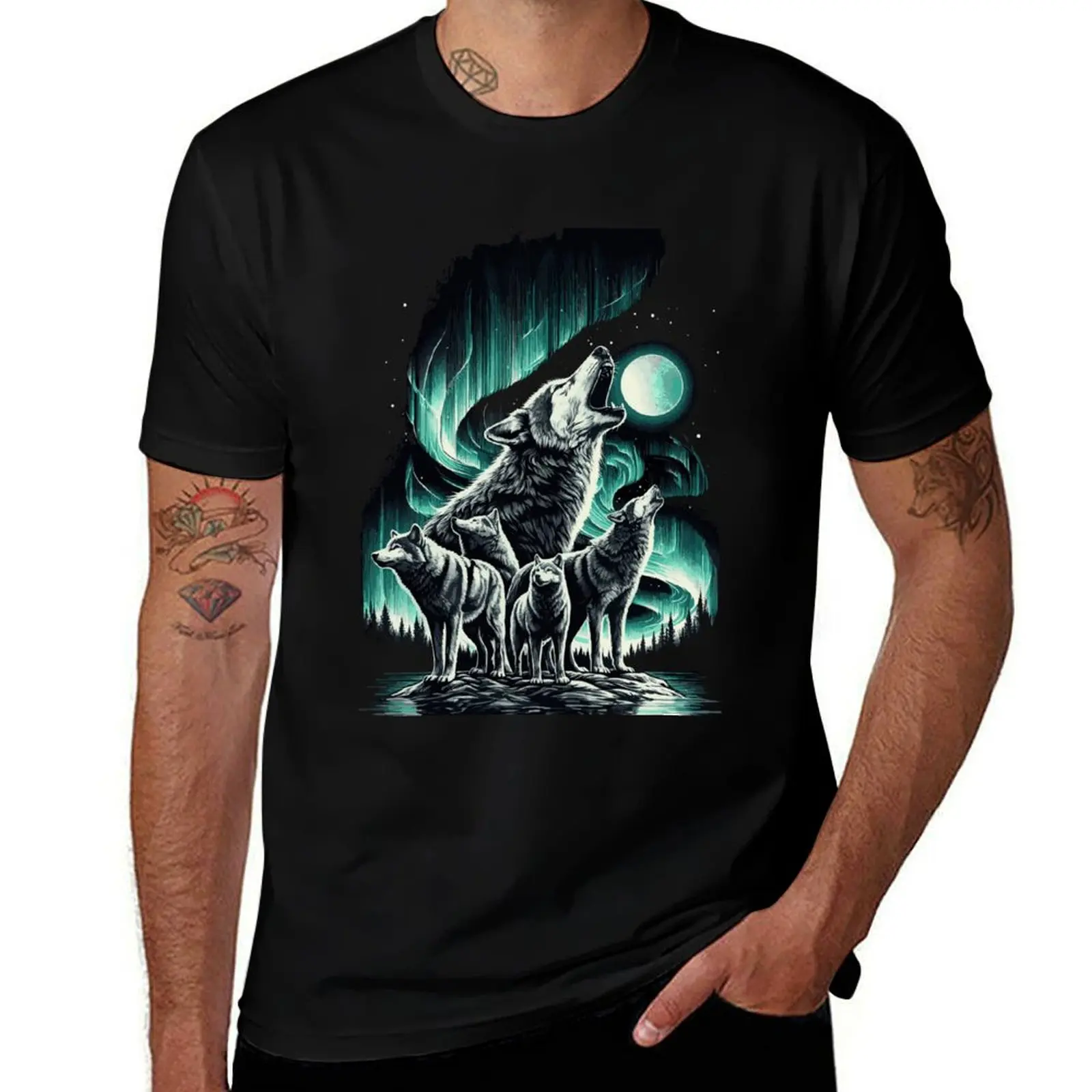 

Pack of Wolves Howling Under the Northern Lights in a Stunning Landscape T-Shirt t shirts for man cotton funny T-Shirt
