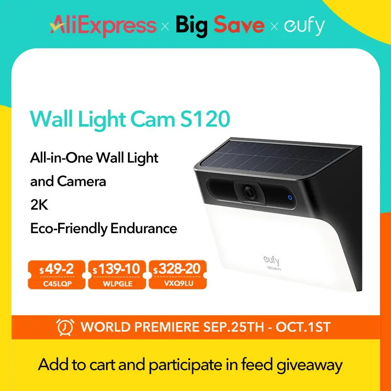 eufy Security Lampada da parete solare Cam S120 Telecamera di sicurezza solare Telecamera esterna wireless Telecamera 2K Forever Power