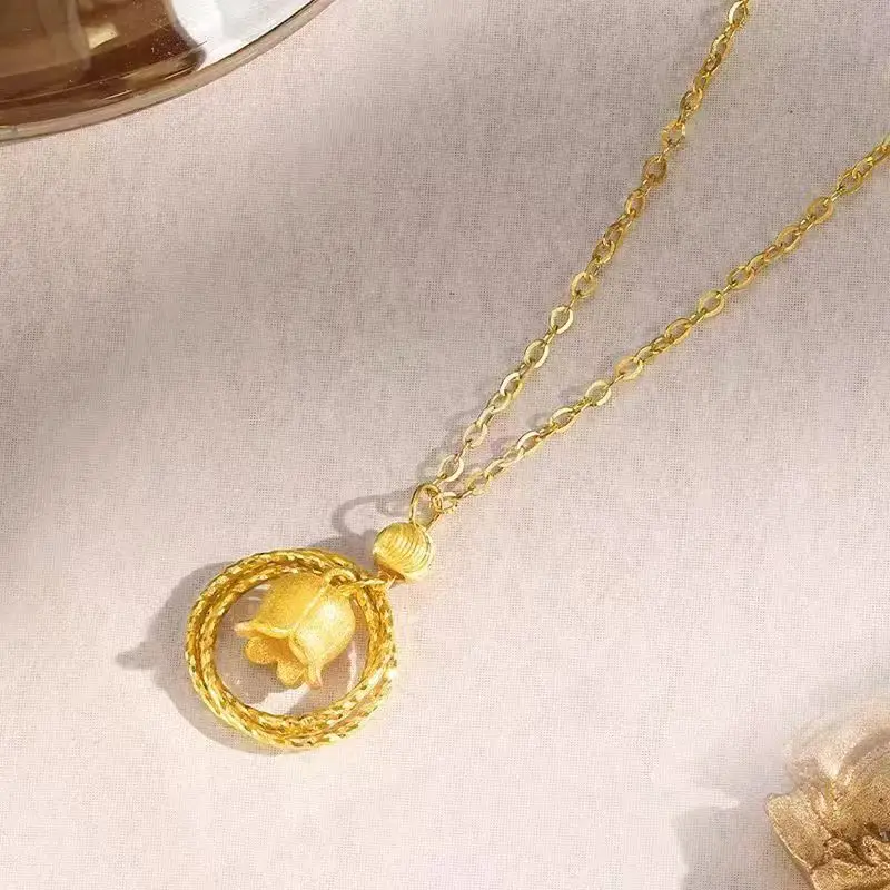 

Real 14kt Gold Color Bell Orchid Pendant Necklace for Women's Wedding Engagement Jewelry O Chain Gifts Not Fade