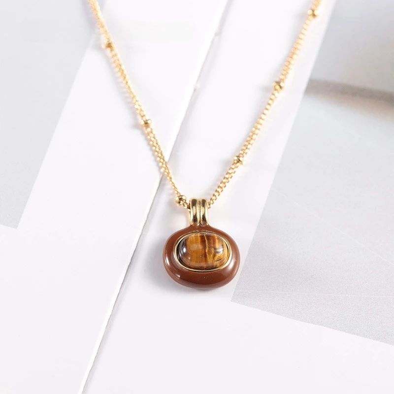 Emaille Glasierte Tigerauge Stein Geometrische Anhänger Titan Stahl Frauen Licht Luxus High-end-Mode Halsketten Edlen Schmuck – Detail 7