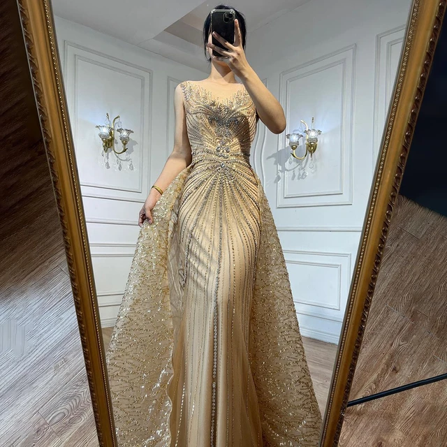 Customized Gold O neck Long Sleeves Mermaid Beaded Overskirt Evening Dresses Formal Party Gowns For Women 2024 LA72087 AliExpress