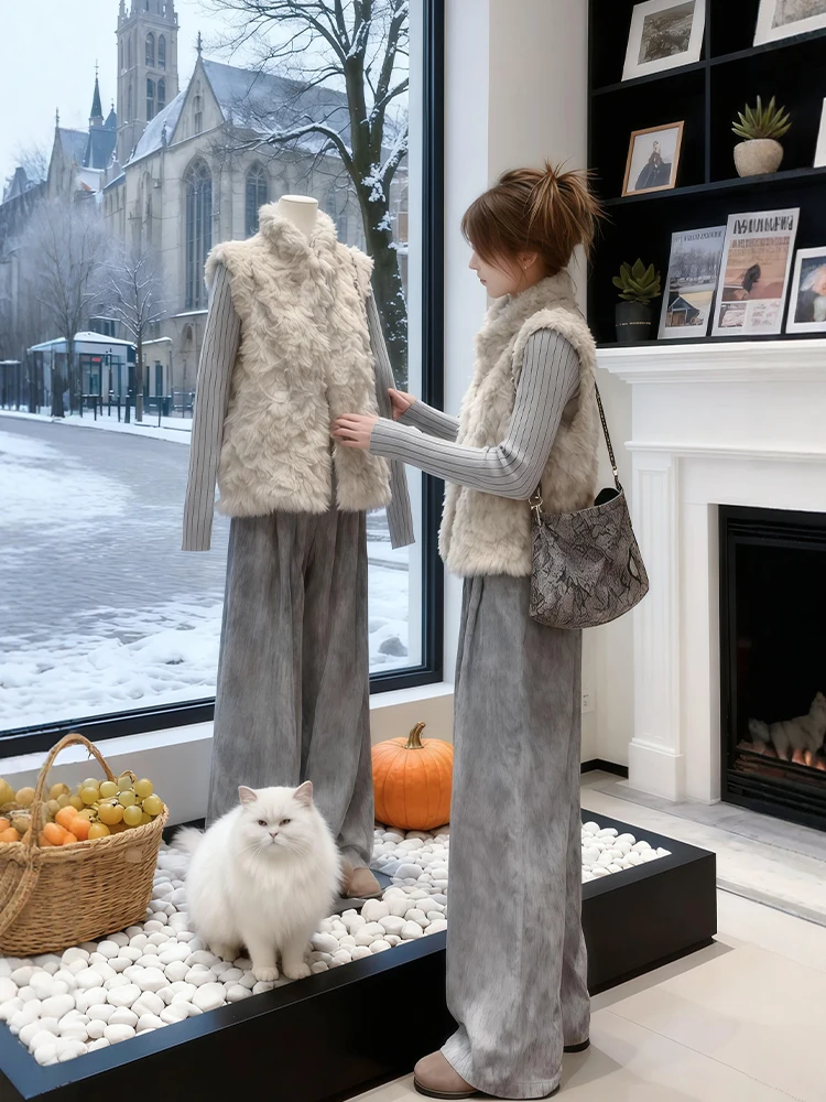 

Winter Faion plus Size Knitted Base irt Vest Wide Leg Pants Tee Piece Set Warm Casual High Waist round Ne Top