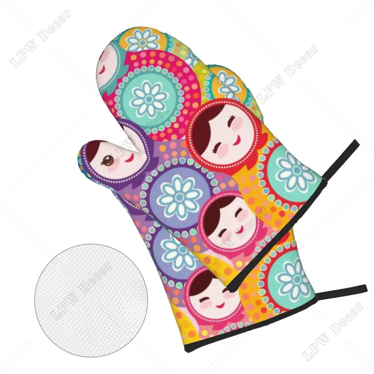 Russian Dolls Matryoshka Oven Mitts and Pot Holders 4pcs Set High Heat Resistant Babushka Baking Cooking Gloves for Kitchen BBQ