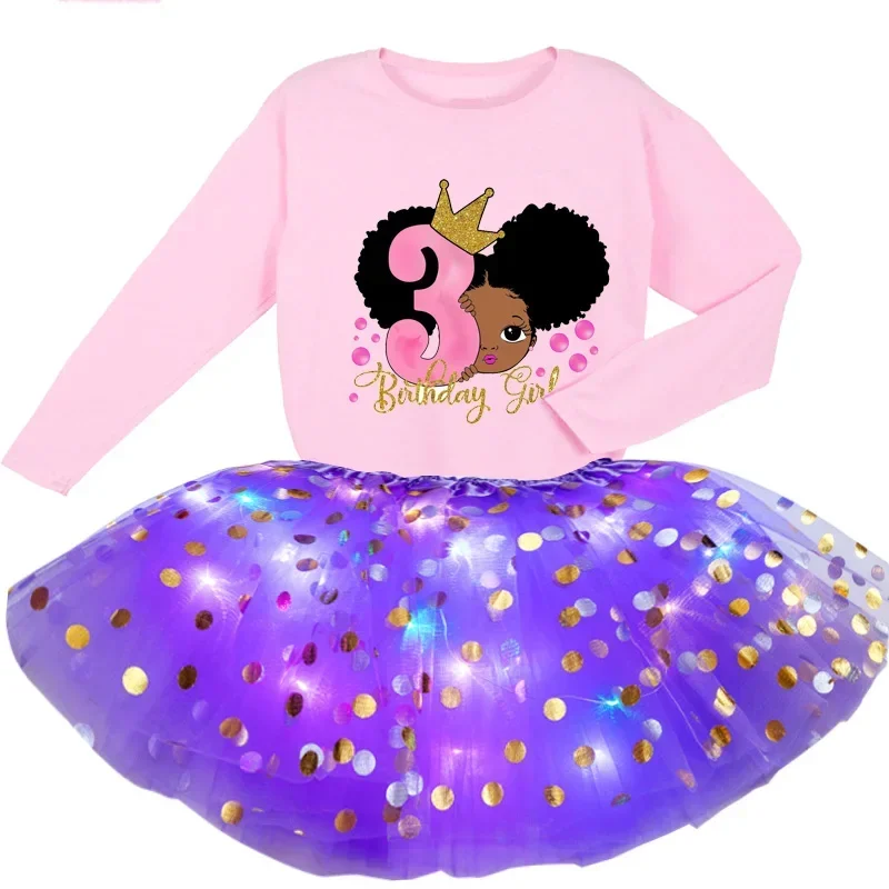 Girls Black African Curly Hair Girls Dress Sequin Glow Set 2 Pc Light Dress+Long Sleeve T Shirt Kids Design Your Name and Number