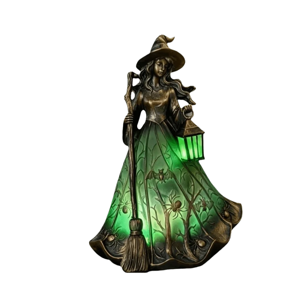 18cm Halloween Witch Lamp Standing Design Holding Lantern Broomstick Witch Statues Creativity Unique Holiday Decorative Lamp