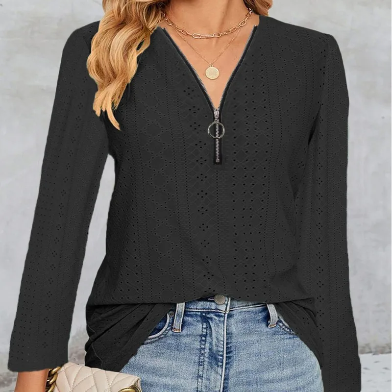 Spring and Autumn Women's Pullover V-Neck Zipper Hollow Solid Long Sleeve T-shirt Underlay Sexy Office DCasual Elegant Tops
