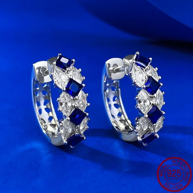 

New S925 Silver Fashion Color Treasure Blue Gang Simulated Diamond Earrings for Daily, Retro Fashion Wedding Jewelry