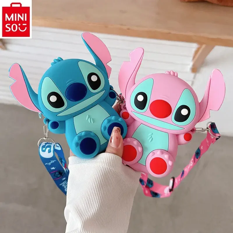 MINISO dompet ponsel anak-anak, dompet silikon kartun imut Stitch Disney, tas penyimpanan selempang multifungsi untuk pelajar