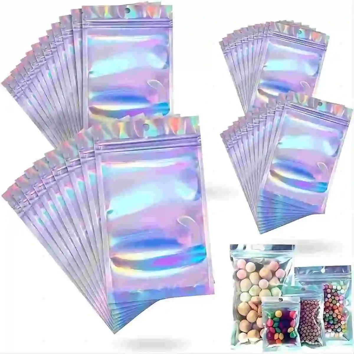 Bolsa holográfica de 100 piezas, bolsa autosellante con patrón de arco iris láser de varios tamaños, adecuada para bolsas de dulces y muestras de ventana frontal