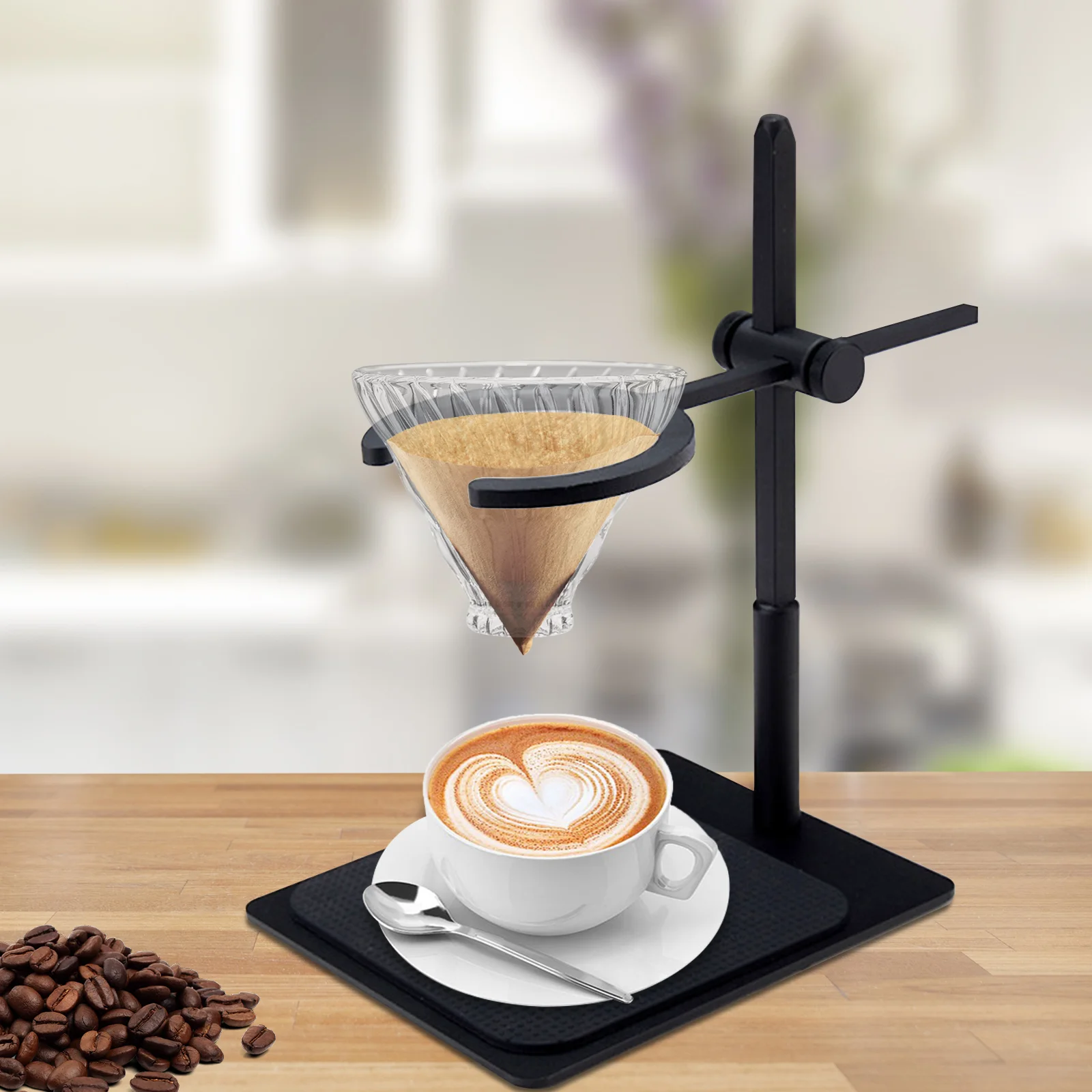 Pour Over Coffee Maker Stand with Vintage Wooden Base Adjustable Height Rack Dripper Filter Holder for Manual Brewing