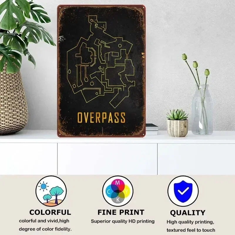 Overpass Map Black Gold Gamer Room Decoration Tin Signs Retro Metal Signs Vintage Metal Wall Art Mural Home Decorations Poster