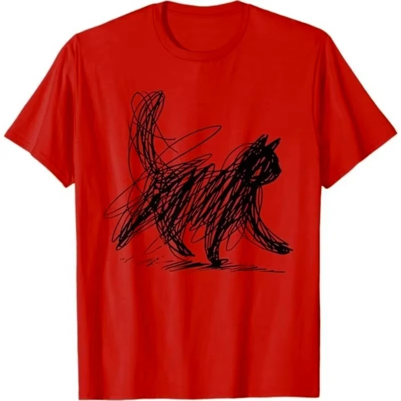 Unisex T‑shirt Abstract Scribble Cat Graphic Tee Crew Neck Short Sleeve Sketch Art Kitty Drawing Casual Daily Street Top