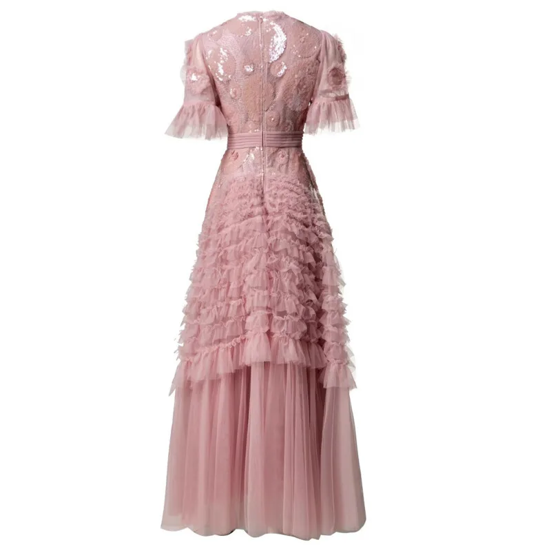 Hksh primavera verão nova maré feminina chique moda elegante doce babados colarinho manga alargamento em camadas saias longas vestido hk5391