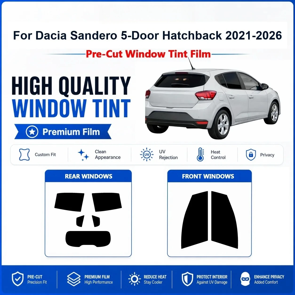Pre-Cut Window Tint For Dacia Sandero 5-Door Hatchback 2021-2026 Front Rear UV Heat Rejection Privacy Film High insulation
