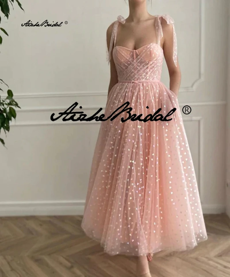 

Rigilene Boning Draped Wrap Top Pink Printed Heart Tulle Tea Length Prom Dress