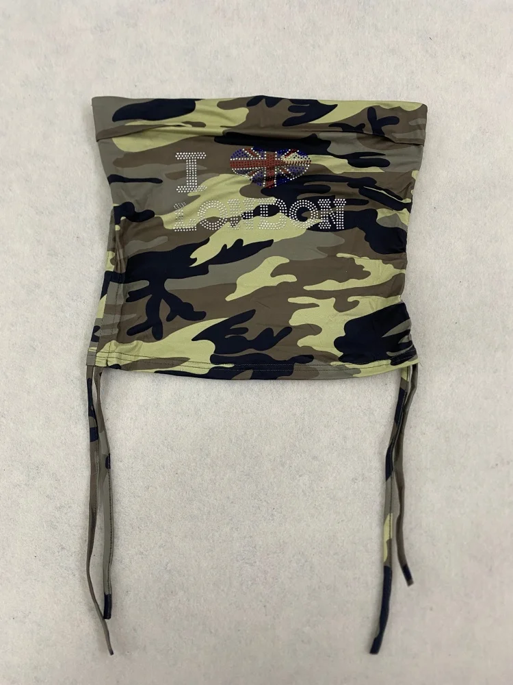 Y2K Millennium Vintage Camo Strapless Bandeau Rhinestone Letter British Flag Heart Side Ruched Crop Tank