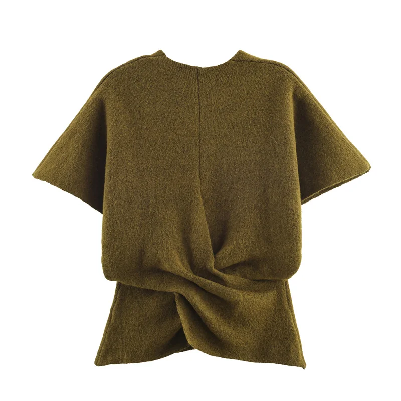 Haut tricoté à manches courtes pour femme, vert militaire, avec détail à volants, Sexy, col en v, élégant et élégant, nouvelle collection hiver 2025