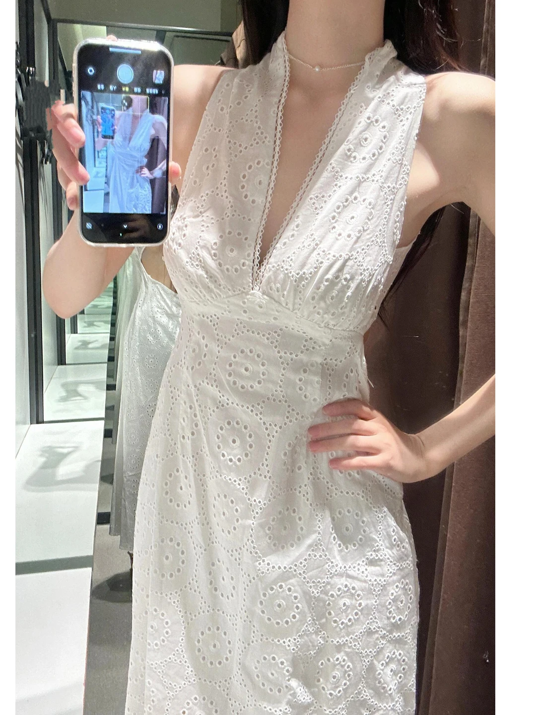 Ele White Lace Embroidery Bal Waist-Cinched V-Ne Long Dr Summer Season Svel Tourist Friendly S-ape Silh...