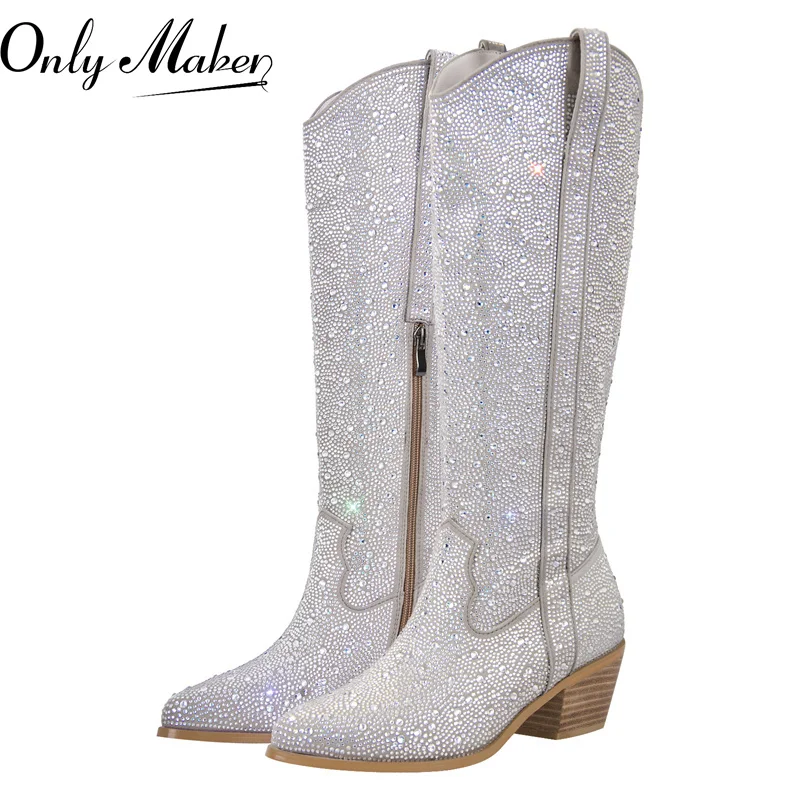 Onlymaker Women Rhinestone Boots Silver Knee High Western Cowgirl Boots Glitter Bling Shiny Pointed Toe Block Heel Lady Booties