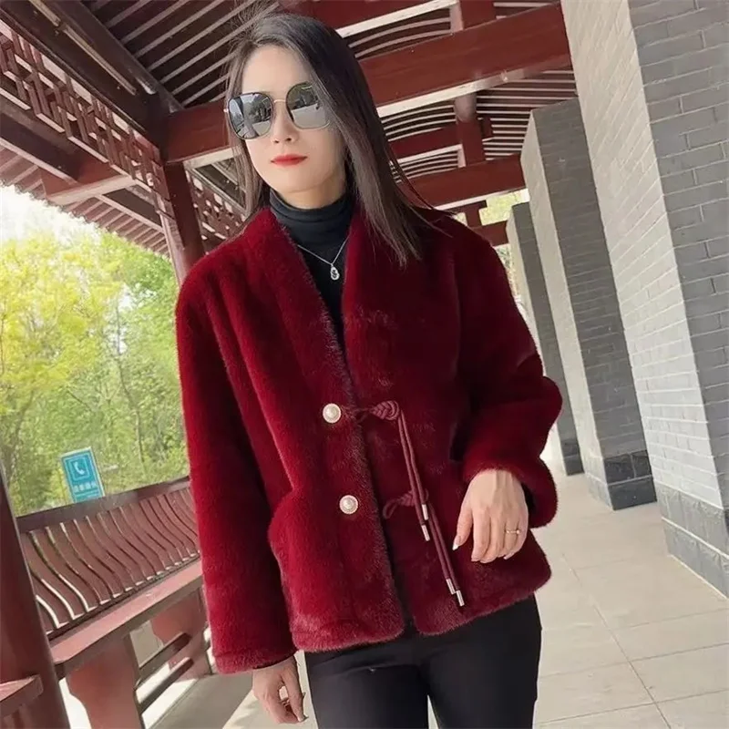 ใหม่เสื้อขนสัตว์หญิงฤดูใบไม้ร่วงฤดูหนาว 2025 คุณภาพสูง Mink Velvet แจ็คเก็ตผู้หญิง V คอเสื้อขนสัตว์แฟชั่น Outwear เสื้อสเวตเตอร์ถัก Overwear