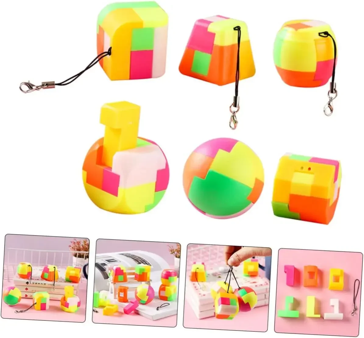 6pcs Cube Ball Puzzle Keyring Cube Puzzle Party Toy Kids Puzzles Assembled Keychains Lock Plastic Nostalgia Child Module