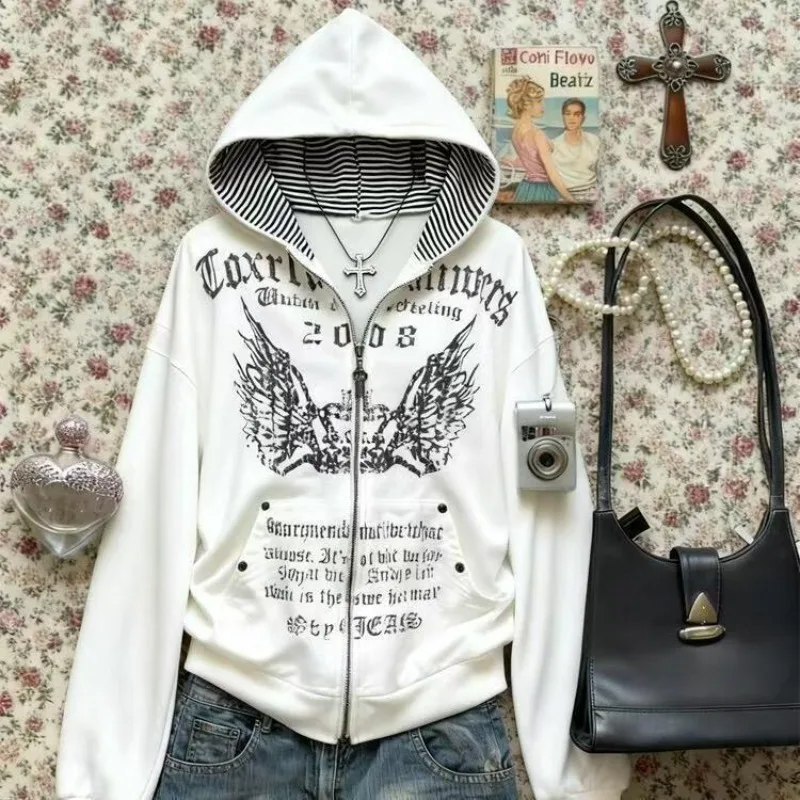 American Vintage Letter Wing Print Hooded Sweatshirt Women Subculture Punk Loose Jacket Autumn Gothic Retro Fashion Coat New