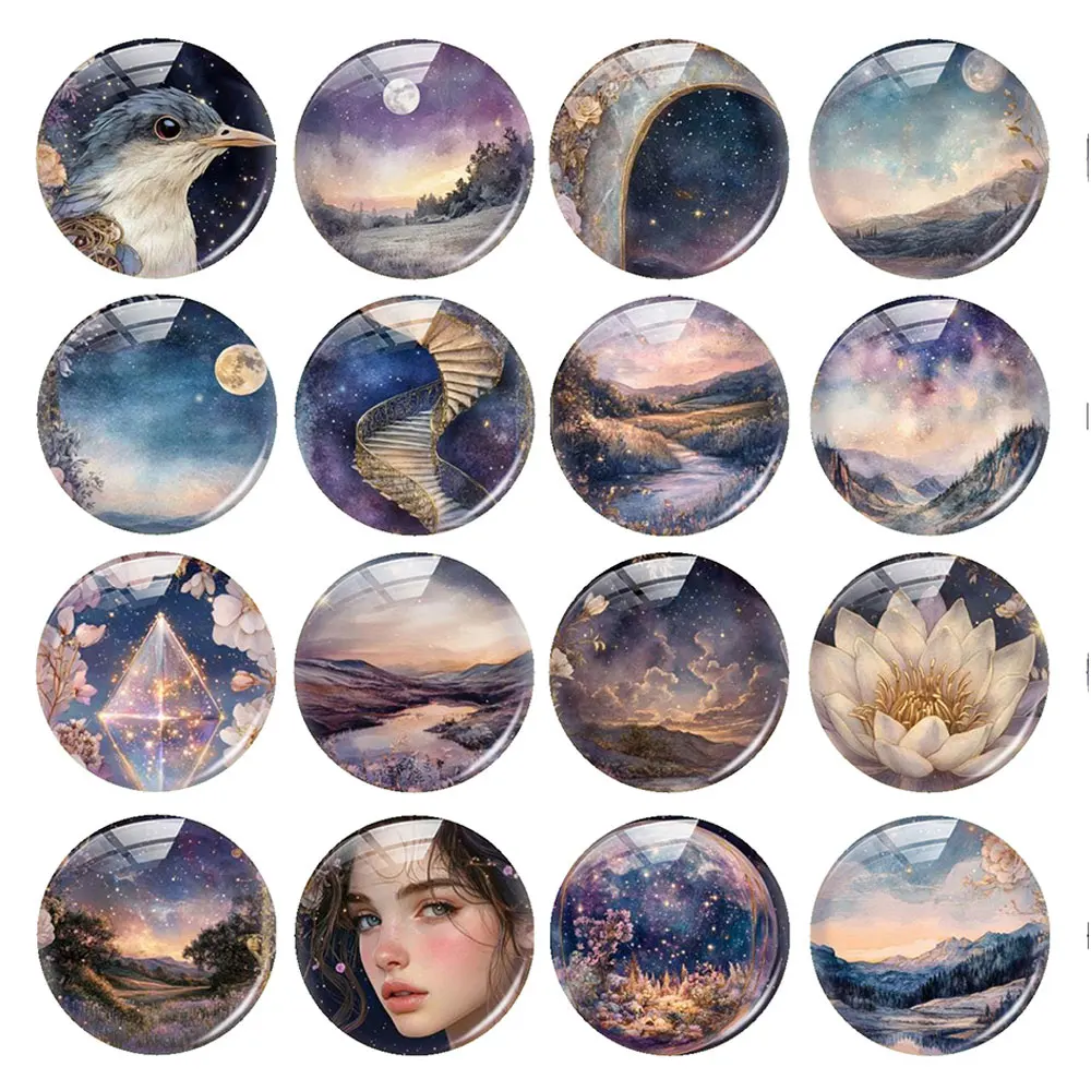 Random Mixed Round/Oval/Square Gilded Starry Fantasy Purple Moon Photo Glass Cabochon Flatback Demo Cameo For Diy Jewelry Making