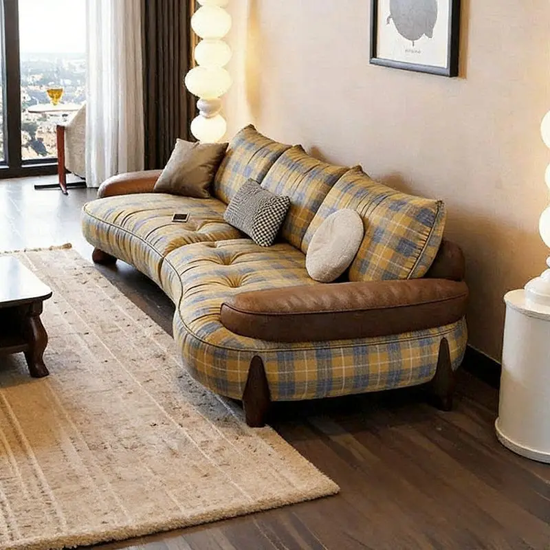 Sofa antique Scottish cloth size apartment living room cashew curved sofa