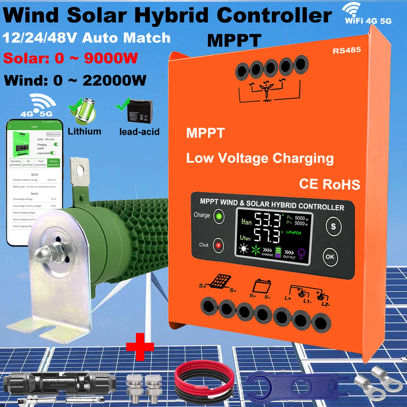 12V 24V 48V 3000W Wifi Wind Solar Hybrid Charge Controller, MPPT Charge for Solar Panel Wind Turbine, Lithium Lead Acid Battery