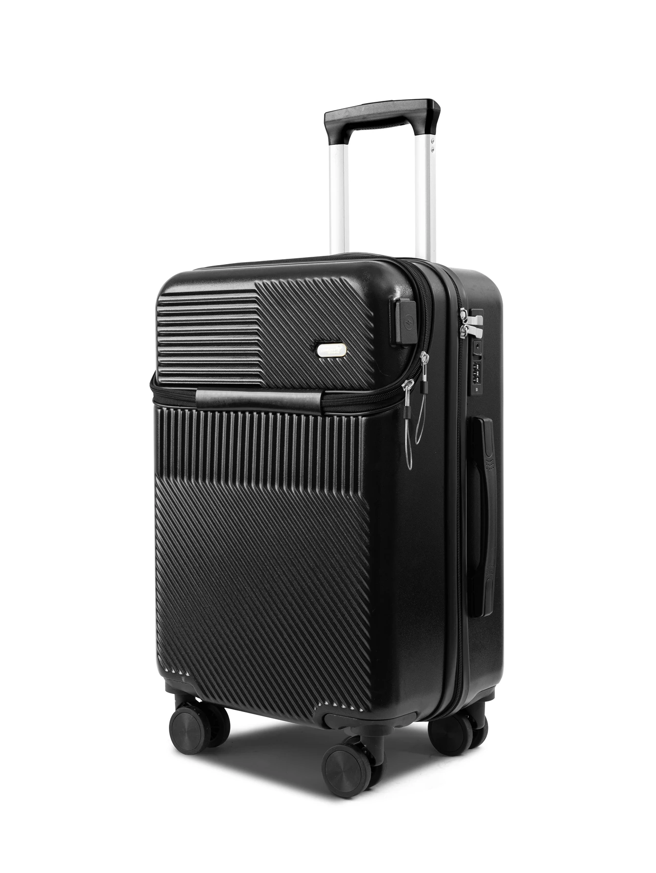 Fashionable semi open rechargeable striped simple large capacity luggage compartment with side hooks and universal wheels