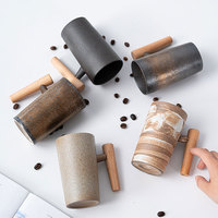 Retro Wood Handle Coarse Clay Espresso Cup 7oz 220ml Vintage Nordic Ceramic Tea Coffee Cup