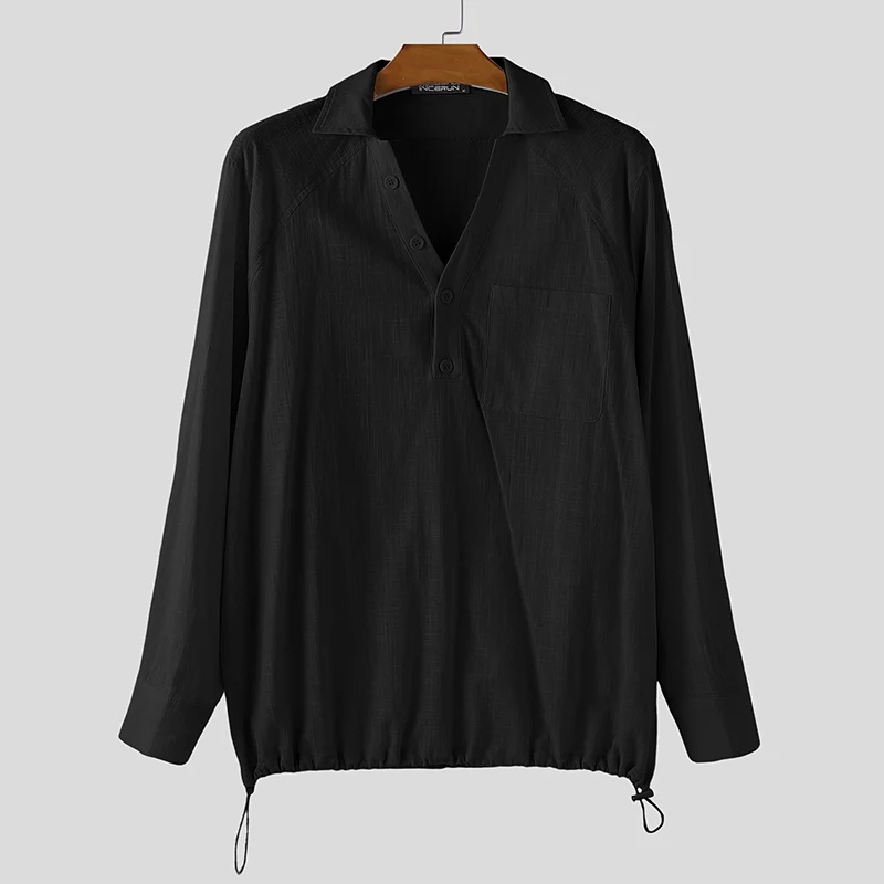 INCERUN Men Shirt Solid Color Long Sleeve Koran Style Casual Men Clothing V Neck Streetwear Drawstring Shirts Fashion Male Tops