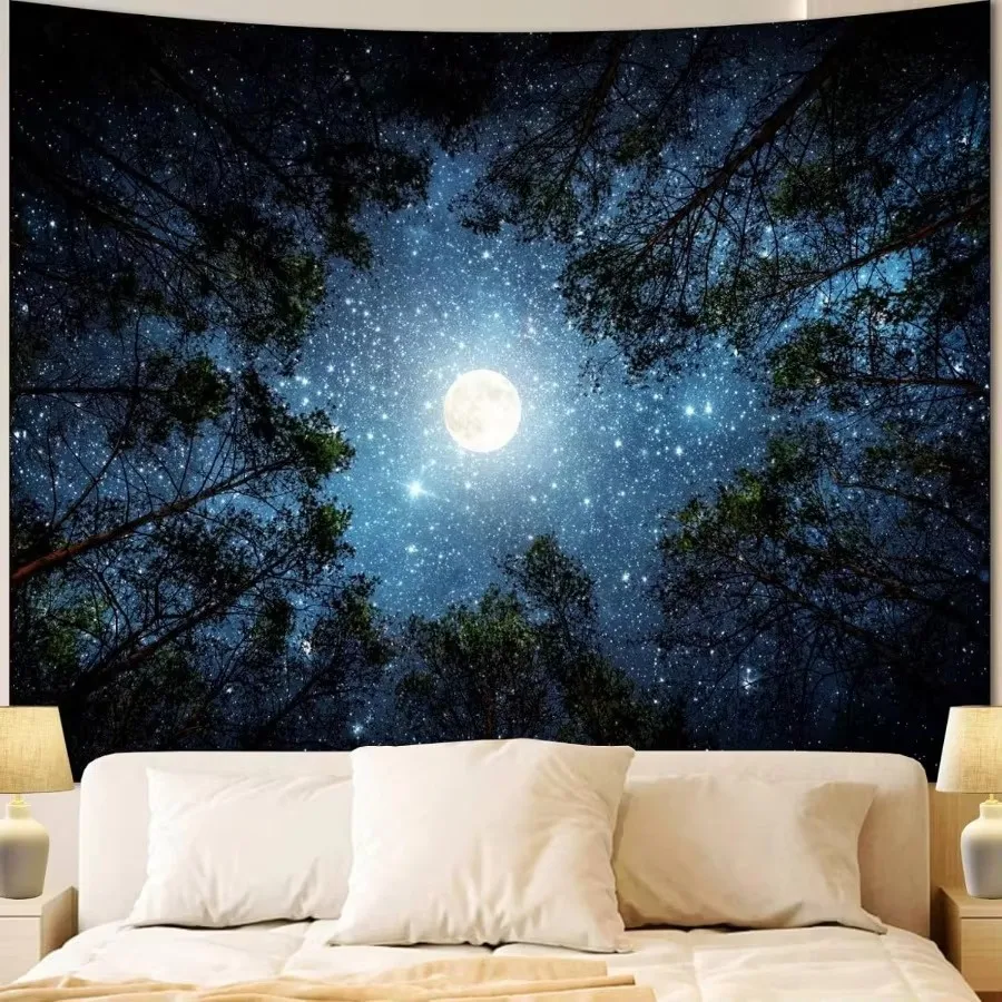 VIKAMA Sternenhimmel-Wandteppich, maschinenwaschbar, Mondbäume, Nachthimmel, bedruckter Wandteppich, Schlafzimmer-Hintergrund, Wanddekoration