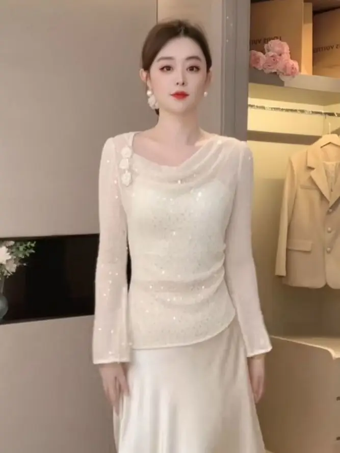 Elegant Women Blouse With Beaded Detailing And Soft Knit Texture For Spring And Autumn Wear