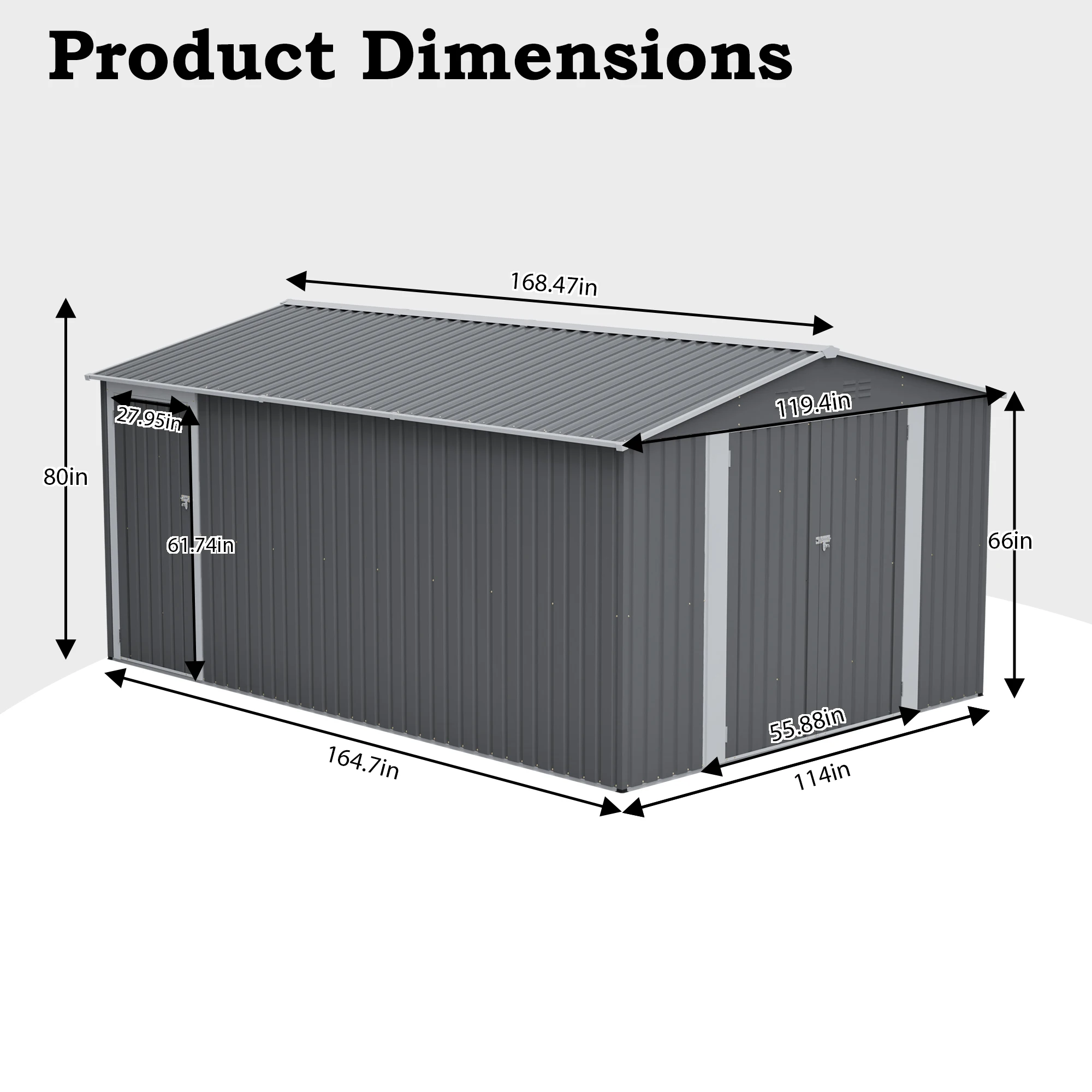 10x14 FT Outdoor Metal Storage Shed Large Garden Tool Shed 3 Lockable Doors Side Door Waterproof Backyard Patio Light Gray