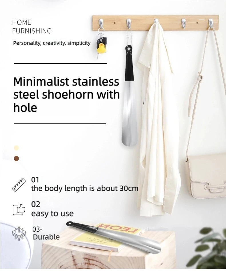 Einfacher Schuhanzieher aus Edelstahl: Slip-on-Schuhe beim Stehen. Kein Biegen. Easy-Grip mit Loch zum Aufhängen. Passend für alle Schuhe. – Detail 1