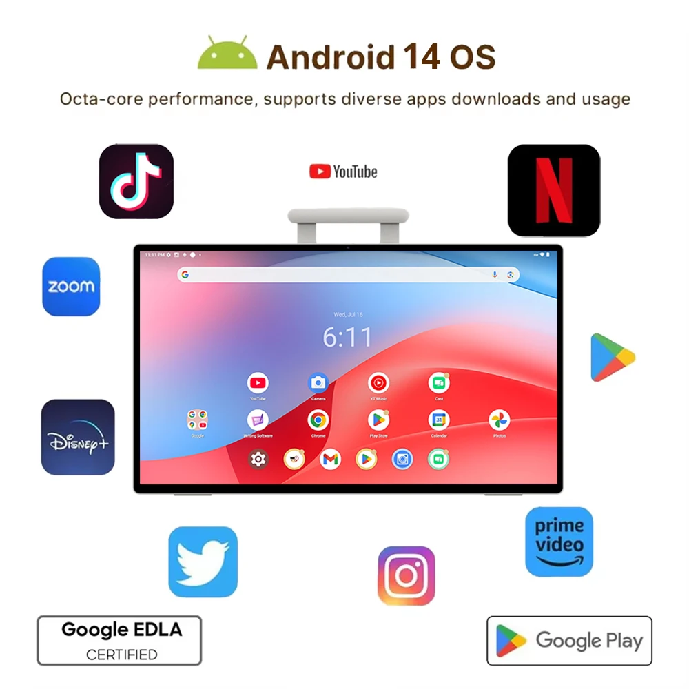 TV touch IPS portatile da 24" Android 14 1080P per campeggio, tablet regalo portatile con batteria da 77,7WH, fotocamera CPU 8G+128G 4K a 8 core