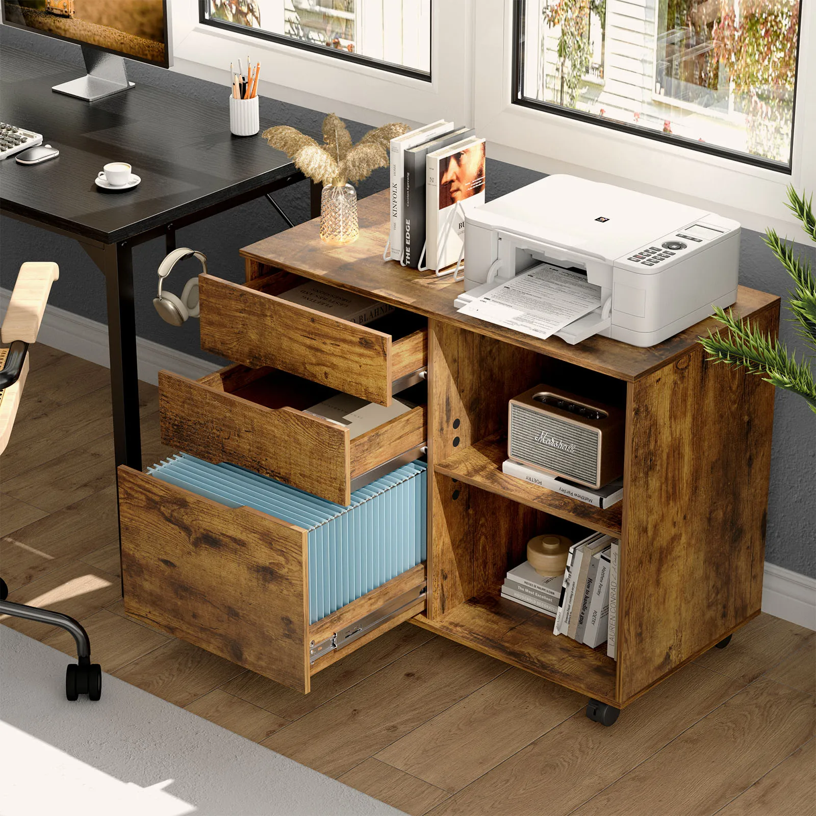 

MCQ Living Room 3 Drawers Wooden Mobile Cabinet Chest Dressers Nightstand Storage Cabinet Organizer Rolling Display Furniture