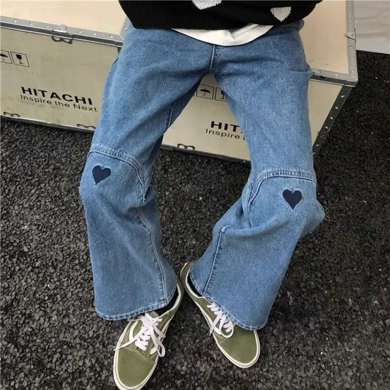 

Jeans Men and Women Trend Ins Japanese Retro Heart-shaped Embroidery Loose Wide-legged Pants Versatile Washed Straight Pants
