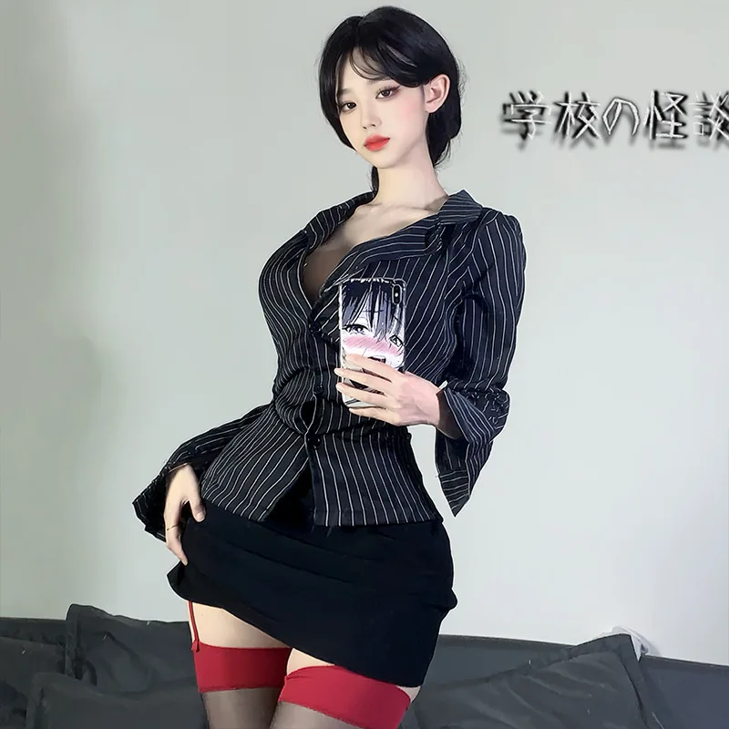 Sexy Secretary OL Office Lady Cosplay Open Bra Role Play Self-Cultivation Lingerie Costumes Striped Shirt Office Lady Uniform view 6