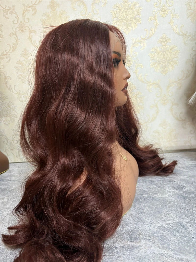 Perruque Lace Front Synthétique pour Femmes Noires, Ligne de Cheveux Naturelle, Cheveux Longs, Brun Chocolat, Cheveux de Bébé Pré-Plumés