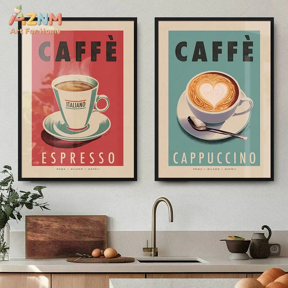 AZNM Vintage Italian Coffee Canvas Wall Art Cappuccino Espresso Retro Drink Illustration Print Frameless Canvas Painting Kitchen