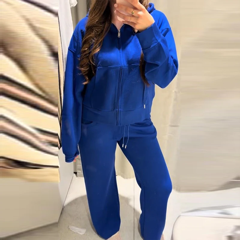 Damen-Hosen-Sets mit Kapuze, Langarm-Reißverschluss, Oversize-Mäntel, Kordelzug-Taille, Schlaghosen, Frühling-Herbst, schicke neue Outfits für Damen – Detail 9