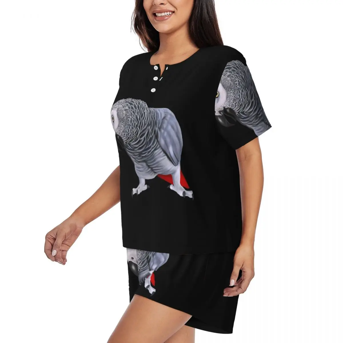 Custom African Grey Parrot Bird Pajamas Set for Women 2-Piece Short Sleeve Psittacine Sleepwear Loungewear PJS Shorts Sets