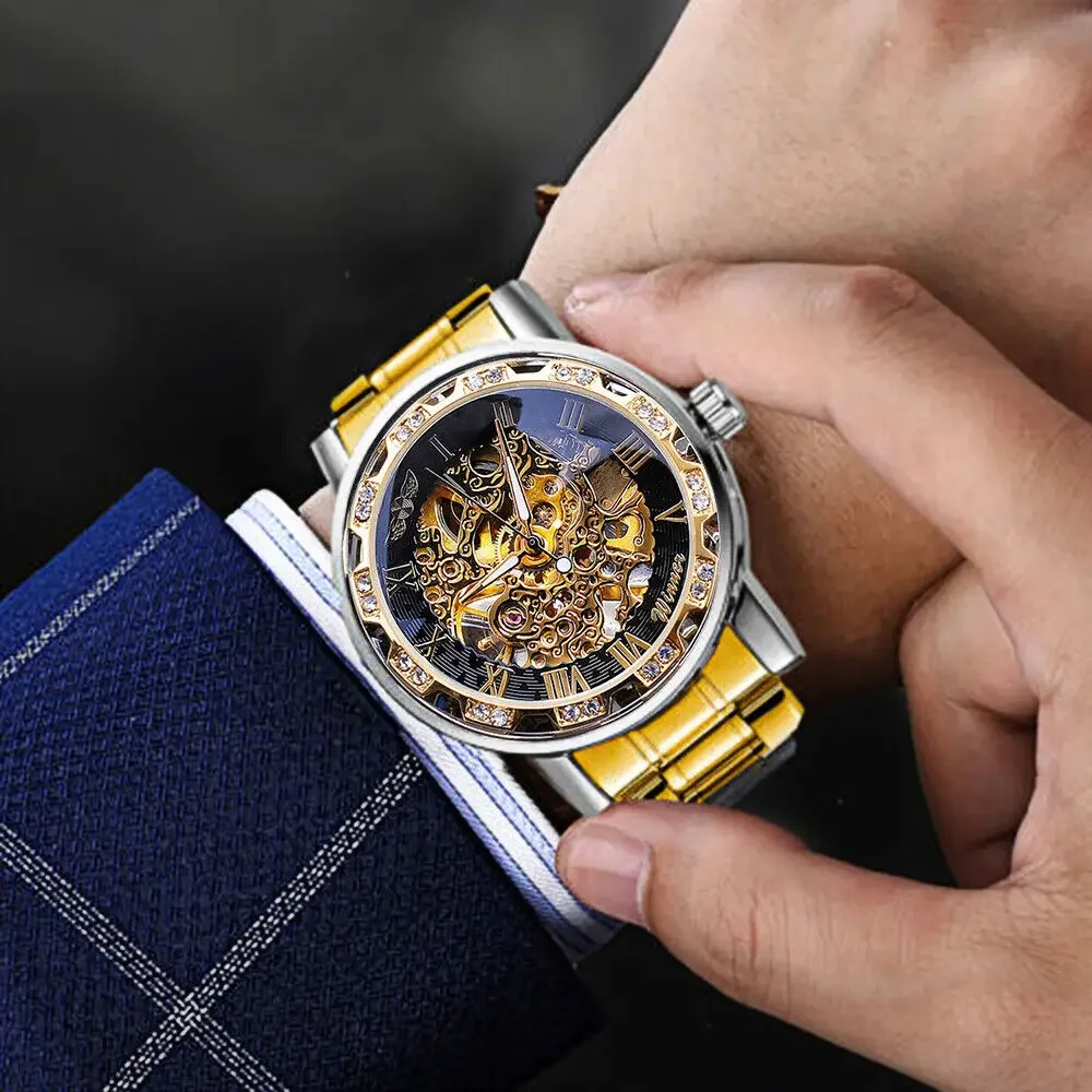 Luxury Men's Stainless Steel Strap Gold Tone Skeleton Hand Wind Mechanical Wrist Watch Roman Number Dial