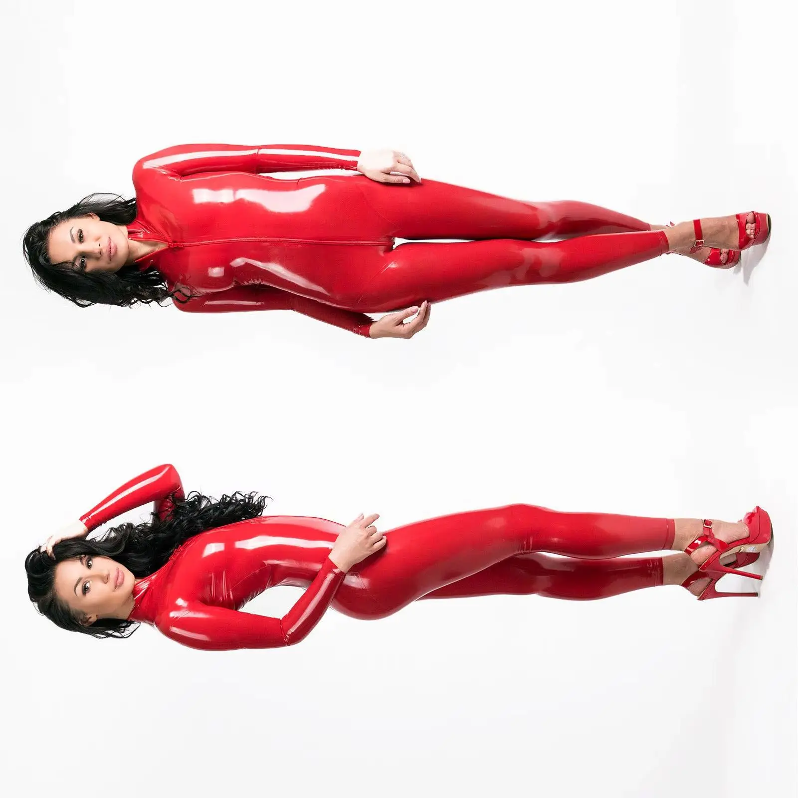 

Женский купальник S-5XL с мокрым эффектом, молния с открытой U-образной промежностью, боди с длинными рукавами, блестящий комбинезон из ПВХ, комбинезон из лакированной кожи, цельный комбинезон