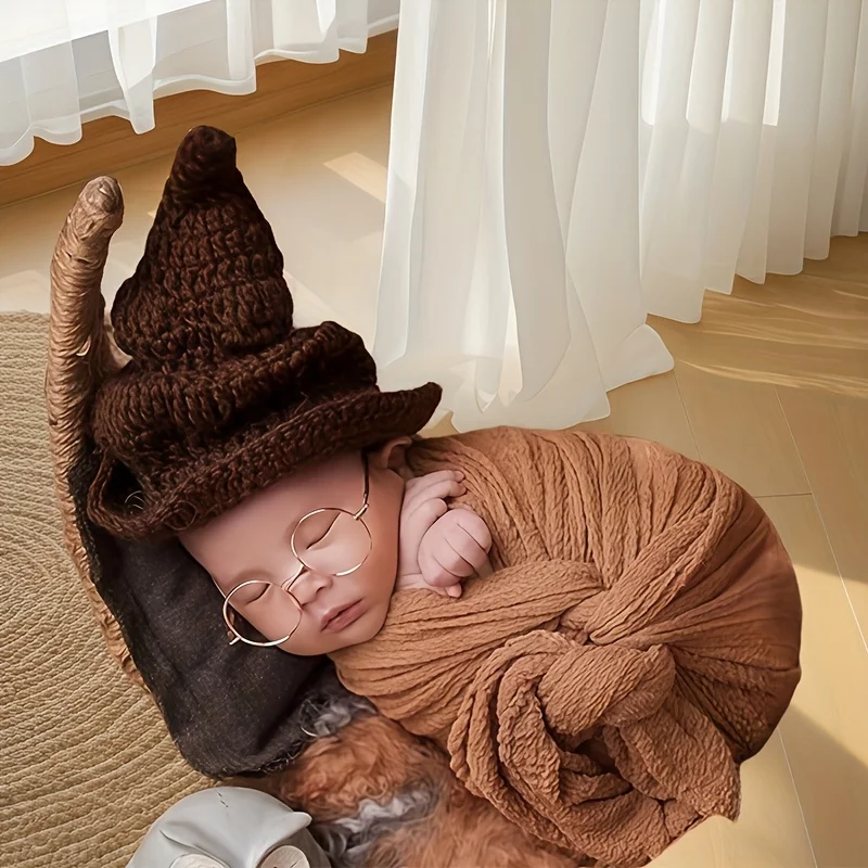 1 Set Cute Wizard Newborn Photography Props  Mixed Color Knitting Hat Scarf and Magic Wand Set for Infant Shooting Accessories view 5